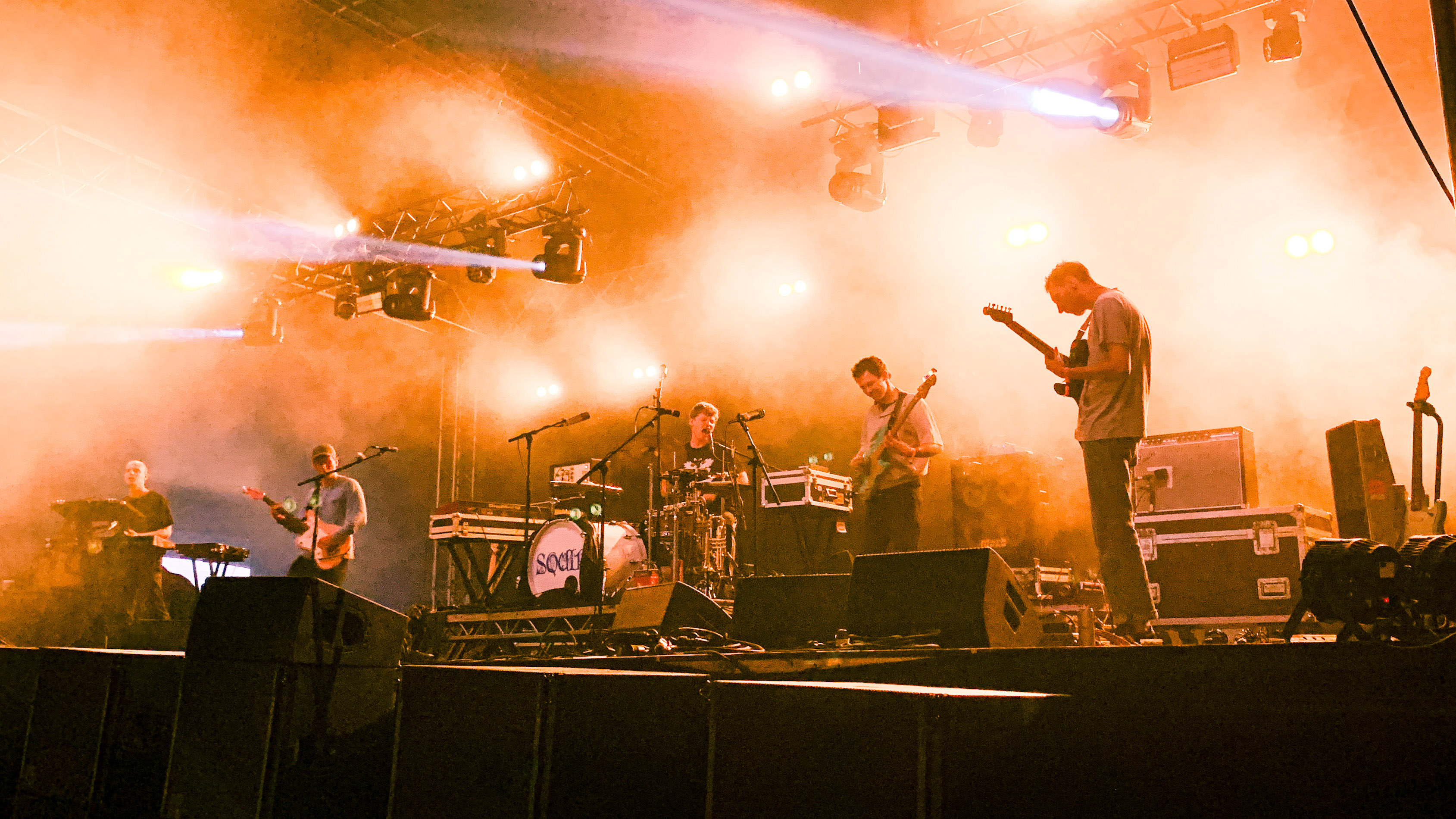 The band Squid playing the Land of Saints stage at Boardmasters 2023